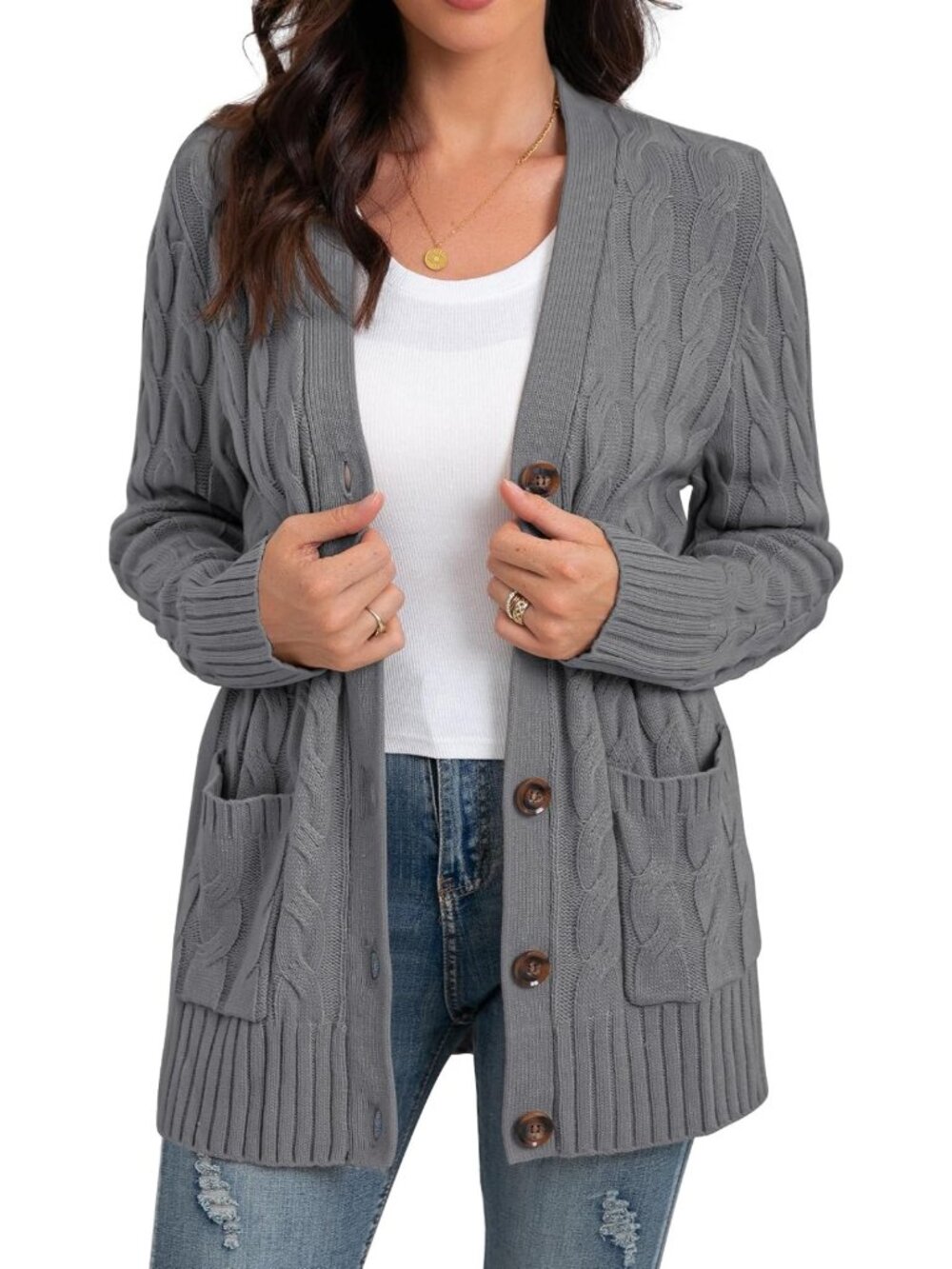 Cozy Long Sleeve Cable Knit Cardigan Sweater with Pockets for Women